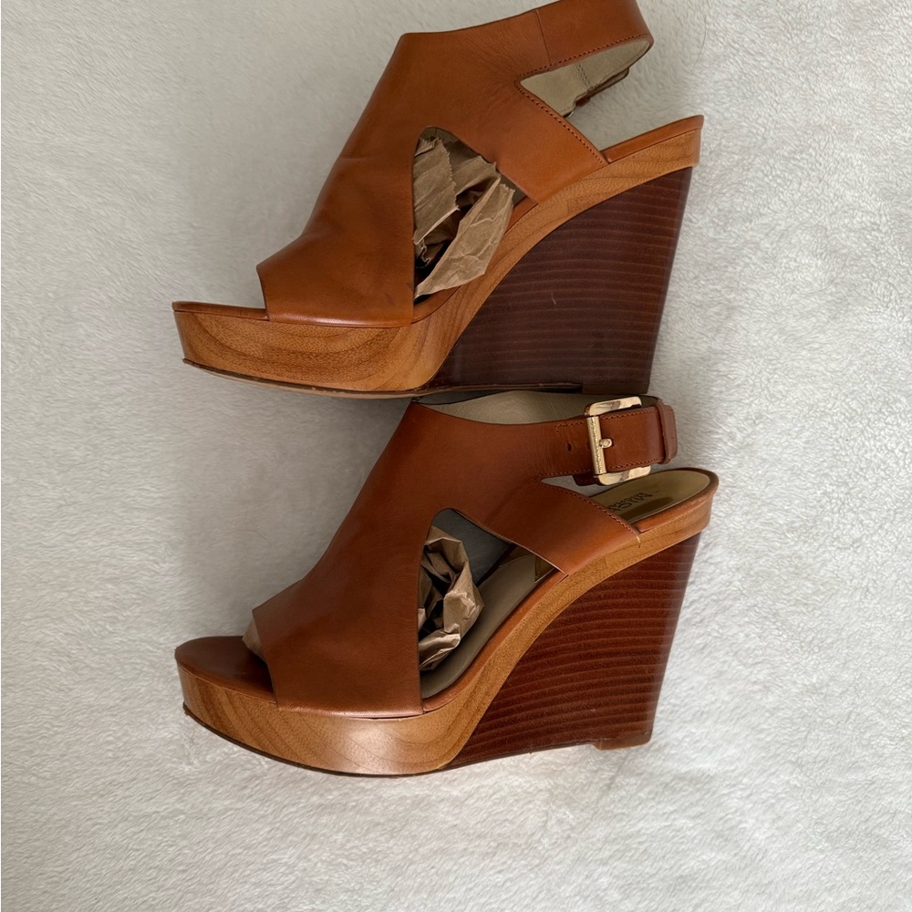 Michael Kors Tan Leather Wedge Sandals
